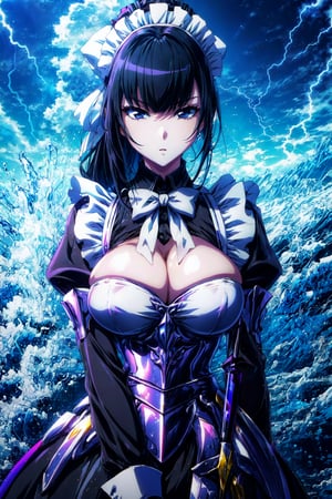 Masterpiece, Best quality, High resolutions, girl, long black hair, big breast, pale skin, very sexy, beautiful black eyes, maid outfit, maid, silver maid armor, lightning powers,narberal gamma