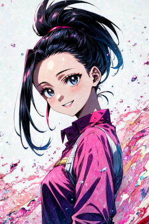 momo mha,yaoyorozu momo, pink shirt, long hair, smile, upper body, solo, black eyes, looking at viewer, 1girl, shirt, simple background, from side, white background, ponytail, black hair