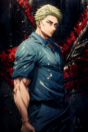 masterpiece, hyper detailed, highres, good anatomy, solo, nanami, blue shirt, suit, action pose, pants, square jaw, muscular male, (middle-aged man:1.3), looking at viewer, 1boy,