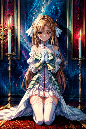 masterpiece, best quality, highres, ddasuna, long hair, brown hair, hair ribbon, brown eyes, bare shoulders, white armor, armored dress, detached sleeves, white gloves, white thighhighs, , praying, own hands together, kneeling, candle,