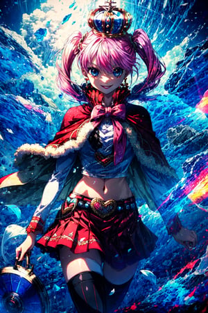 cheems_perona_v3, black eyes, disc-shaped eyes, cowboy shot, red capelet, smile,, volumetric lighting, light particles, striped thighhighs, ghost