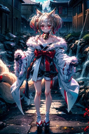 1girl, standing, full body, (highres, realistic, best quality, masterpiece, ultra-detailed, textured, ambient lighting, cinematic lighting), animal ears ,1girl , fox ears ,bangs , red eyes , multicolored hair , twintails , animal ear fluff ,brown hair , hair ornament ,bell , solo , looking at viewer ,braid ,neck bell , fox girl , jingle bell ,gloves , fur trim , ribbon ,two-tone hair ,japanese clothes ,off shoulder ,bare shoulders ,collar ,bow ,long sleeves , streaked hair ,blush , black gloves , tail ,white hair , fox tail , kimono ,wide sleeves , red bow , red ribbon ,multiple tails , red hair , collarbone , hair ribbon , short hair , choker , socks , shorts , ribbon trim , sash , black shorts , rope , small breasts , white kimono , fur-trimmed sleeves , tabi , black footwear , black socks , gradient hair , v-shaped eyebrows , dress ,sandals , hair between eyes , obi , medium hair , grey hair , thick eyebrows , short twintails , strapless , sweat , shimenawa , outdoors , fur-trimmed kimono kitsune, cloth, satin, silk, fur,