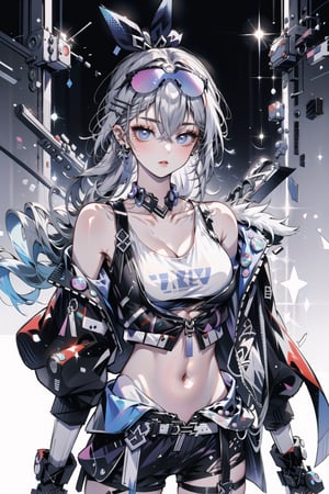 masterpiece, best quality, SilverwolfV5, 1girl, solo, looking at viewer, shirt, hair ornament, gloves, navel, cleavage, bare shoulders, jewelry, medium breasts, jacket, hair ribbon, white shirt, thighs, earrings, open clothes, shorts, sleeveless, choker, black gloves, hairclip, midriff, fingerless gloves, armpits, off shoulder, stomach, open jacket, crop top, sleeveless shirt, thigh strap, black shorts, sunglasses, fishnets, eyewear on head, open fly, micro shorts, bubble blowing, chewing gum, 