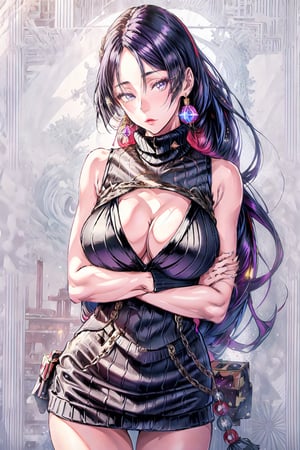 masterpiece, best quality, highres, hmmr1, minamoto no raikou (fate), sweater dress, sleeveless, jewelry, , cowboy shot, standing, street, crossed arms,virginsweater