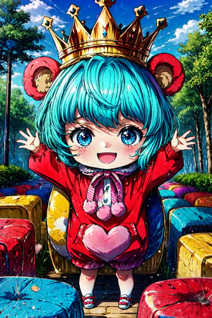 sugarop, bear costume, crown, (full body, small,chibi:1.2), cute, outdoors, (masterpiece, best quality, high quality), happy, smile, 1girl, crown