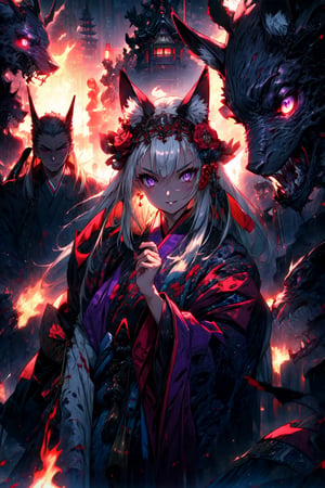 masterpiece,best quality,highres,cinematic lighting,dramatic angle,,1girl,animal ears,hair ornament,purple eyes,white hair,long hair,shaded face,evil smile,parted lips,looking at viewer,cowboy shot,japanese clothes,wide sleeves,burning village,blood,(pile of corpses:1.2)