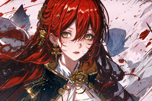 (Masterpiece, top quality, best quality, official art, beautiful and aesthetic:1.2), 1girl, official, head, yellow eyes, red hair, long hair, white dress, black jacket, golden rose on neck, single earring,midjourney,inksketch,Colorful portraits,sakimmichan_art