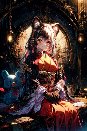 masterpiece,best quality,highres,cinematic lighting,dramatic angle,1girl, ,1girl,animal ears,japanese clothes,black open jacket,obi,smile,looking at viewer,brown eyes,holding stuffed toy,cowboy shot,sitting,multicolored hair,(black hair:white hair:0.86),frills,claws,black elbow gloves,(open mouth:0.43),happy