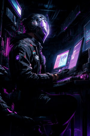 (best quality), 1boy with machine_Tail, solo, male focus, mask, black gloves, whistle, horror theme,(Gloves), darkness,machine, black theme, very detailed background,(amethyst),tungsten filament,cyberpunk,computer screen,(biopunk) Laboratory,8k,cute pose, 