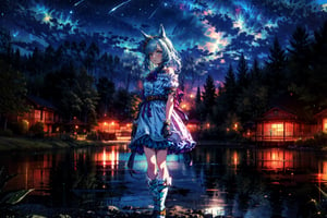 (masterpiece, high quality, best quality, detailed, anime:1.4), 1girl, solo, upper body, night, (lake, outdoor:1.2), (starry sky background:1.2), from back, straight hair, standing  k.s.miracle \(umamusume\), ear covers, blue shirt, collared shirt, blue coat, open coat, white ascot, brooch, jewelry, white gloves, half gloves, long sleeves, belt, black pants, thigh strap, tailcoat, boots  mejiro ardan \(umamusume\), ear ornament, black gloves, white gloves, asymmetrical gloves, mismatched gloves, detached sleeves, puffy sleeves, short sleeves, long sleeves, asymmetrical sleeves, uneven sleeves, ribbon, bare shoulders, off-shoulder dress, black dress, frilled dress, center frills, knee boots, asymmetrical footwear, mismatched footwear