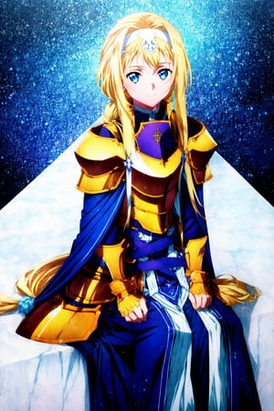 masterpiece, best quality,AliceZuberg, 1girl, solo, long hair, looking at viewer, smile, blue eyes, skirt, blonde hair, sitting, very long hair, closed mouth, full body, plaid, blue dress, shoulder armor, gauntlets, pauldrons, white hairband, breastplate, armored dress, faulds, blue cape, knight, gold armor, hand on lap, 