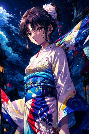 ((masterpiece,best quality, detailed)), 1girl, solo, outdoors, from below, night, moon, night sky, cloud, ryougi shiki, sash, floral print, kanzashi, sidelocks, short ponytail, multicolored kimono, obijime