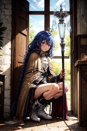 masterpiece, best quality, ,roxy migurdia, 1girl, solo, blue eyes, blue hair, squatting, braid, long hair,ahoge, staff, looking at viewer, white footwear, holding staff, hair between eyes, boots, closed mouth, brown cape, blush, holding, bangs, long sleeves, twin braids, full body, cape, very long hair, black ribbon, crossed bangs, hair ribbon, long braid, ribbon, black socks, socks, cloak, knee boots