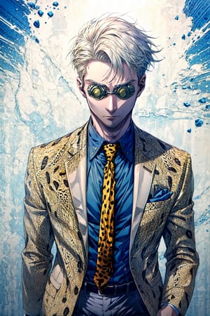 masterpiece, best quality, absurdres, 1boy, solo, NanamiBase, goggles, grey jacket, yellow necktie, leopard print, blue shirt, collared shirt, grey pants, , IncursioGigaSitting, monochrome, greyscale