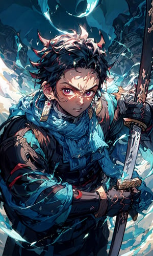 masterpiece, best quality, high quality, 1boy, solo, male focus, looking at viewer, upper body, , kamado_tanjirou, 

1male, 16k, hd, detailed, futuristic, masterpiece,katana,samurai, detailed face, complex_background,no_humans, detailed face, beautiful detailed eyes), High contrast, (best illumination, an extremely delicate and beautiful),dynamic pose, warzone,((holding dark sword with two hands, katana))
