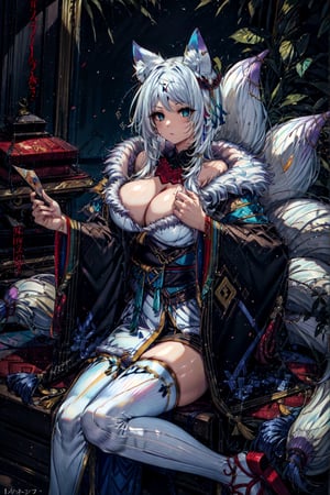 1lady,(mature female),(milf), kitsune,multiple tails,fox ears,white fox tail,aqua eyes,whisker markings, hair ribbon,blue tassel,jewelry,hair ornament, blue obi,(white wide sleeves),black thighhighs,folding fan,(fur-trimmed white kimono),holding fan, tengu-geta,geta, highres,official art,original,masterpiece,best quality, (huge breasts:1.08), face lighting,cinematic lighting,caustics