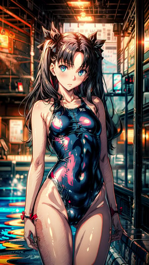 (masterpiece, best quality), 1girl, solo, two side up, black hair ribbon, blush, blue eyes, tohsaka rin,( tall:1.2), small breasts, looking at viewer, pool, one_piece swimsuit