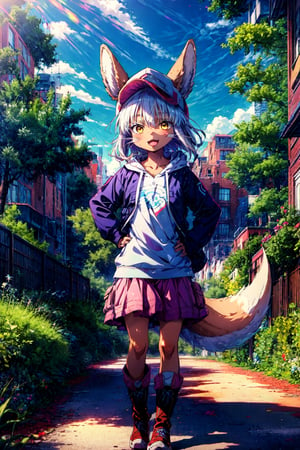 1girl, solo, furry, fluffy, brown fur, short hair, nanachi \(made in abyss\), long hair, animal ears, tail, yellow eyes, hoodie, boots, baseball cap, hand on hip, :3, open mouth, standing, looking at viewer, outdoors, city 