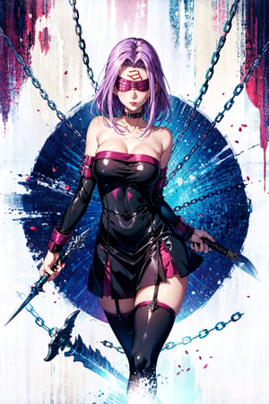 MedFSN, 1girl, strapless dress, detached sleeves, purple hair, blindfold, zettai ryouiki, lips, facial mark, floating hair, large breasts, skin tight, holding weapon, dagger, chain