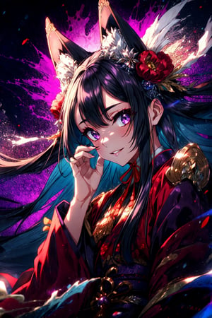 masterpiece,best quality,highres,cinematic lighting,dramatic angle,,1girl,animal ears,hair ornament,purple eyes,black hair,long hair,smile,parted lips,looking at viewer,japanese clothes,obi,wide sleeves,hand on own cheek,red topwear,purple skirt,portrait,from below,moon,close-up