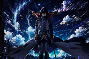 (masterpiece), high quality, highly detailed background, 1boy, solo, , ChopioKagenou, short hair, black hair, hair between eyes, hooded cloak, black coat, trench coat, black gloves, black pants, red eyes, glowing eyes, looking at viewer, mountain, standing on mountain, lightning, from below, night, night sky, storm,CLOUD