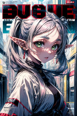 solo, (((magazine cover))), Streetwear outfit, winter fashion, 1girl dress lift, english text, 1girl, solo, elf, white hair, grey hair, earrings, pointy ears, long hair, ponytail, green eyes, twintails, parted bangs, thick eyebrows, 