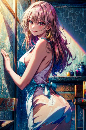 masterpiece, best quality, highres, aamiyako, long hair, jewelry, earrings, , naked apron, smile, looking at viewer, indoors, ass,