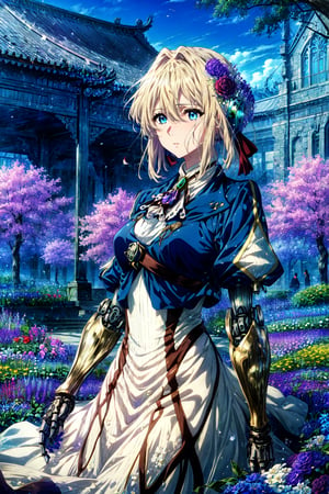 official art,unity 8k wallpaper,ultra detailed,beautiful and aesthetic,masterpiece,best quality,garden in the background,flower world,(fractal art:1.1),1girl,Violet Evergarden,blond,blue_eyes,dress,ribbon,jacket,jewel,(look at the audience),extremely detailed,dynamic angle,cowboyshot,(elegant),(sad),vivid colours,(romanticism),baihuaniang,flowers made of metal,flower,,CyberPunkAI,fantasy tech,((robotic arm)),(flowers float all around),,violet_evergarden,look at the audience,sit,