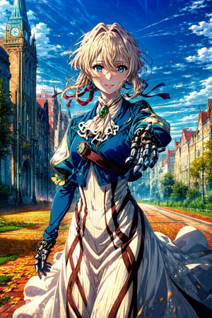 masterpiece, best quality, highres, violet evergarden, braid, hair ribbon, red ribbon, jewelry, white ascot, brooch, blue jacket, long sleeves, mechanical hands, white dress, long dress, , (reaching out:1.2), outstretched arm, wind, smile, standing, cowboy shot, outdoors