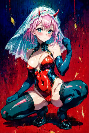score_9,score_8_up,score_7_up,8k,hd,blush,cute face,1girl,red background,solo,squatting cowgirl position,spread legs,,ruanyi0596,elbow gloves,halterneck,lace,oni horns,red leotard,see-through,veil,full body,