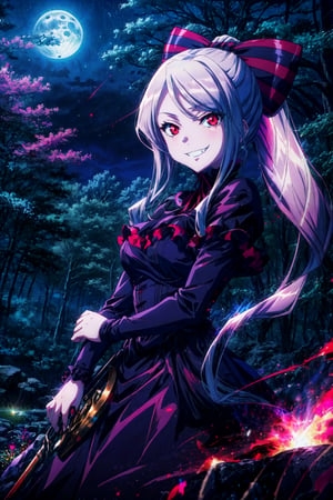 (score_9:1.3), (score_8_up:1.3), (score_7_up:1.3), source_anime, BREAK, 1girl, shalltear, long hair, ponytail, red eyes, evil smile, evil grin, frilled dress, black dress, bow, vampire, outdoors, night, forest, night, moon, starry sky, looking at viewer, cowboy shot, dutch angle, [refraction|caustics|rim lights|backlighting|bloom]