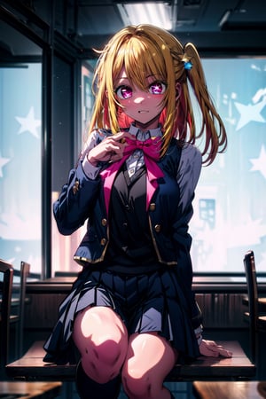 rubyhoshino, , ruby hoshino, (yellow hair:1.5), long hair, one side up, (pink eyes:1.5), sidelocks, (star-shaped pupils:1.5), (symbol-shaped pupils:1.5), (mismatched pupils:1.5),BREAK black vest, blue jacket, bow, bowtie, collared shirt, cropped jacket, jacket, kneehighs, long sleeves, pink bow, pink bowtie, pleated skirt, school uniform, shirt, skirt, socks, vest, white shirt, white socks, youtou high school uniform,BREAK looking at viewer,BREAK indoors, classroom,BREAK , (masterpiece:1.2), best quality, high resolution, unity 8k wallpaper, (illustration:0.8), (beautiful detailed eyes:1.6), extremely detailed face, perfect lighting, extremely detailed CG, (perfect hands, perfect anatomy),