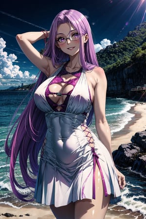 masterpiece,best quality,1girl,MedCas,purple hair,very long hair,purple eyes,glasses,((white dress)),huge breasts,wide hips,smile,arms behind head,beach,outdoors