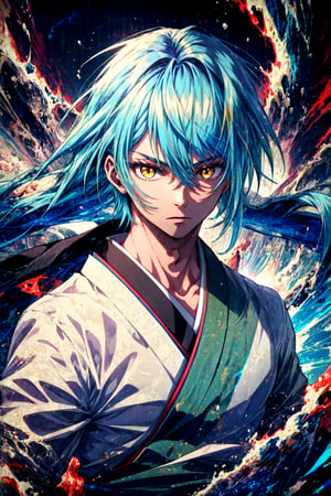 masterpiece, best quality, illustration, 1boy, solo, male focus, looking at viewer, upper body, , , rimuru_tempest, blue hair, yellow eyes, long hair, japanese costume, superhero fiction,