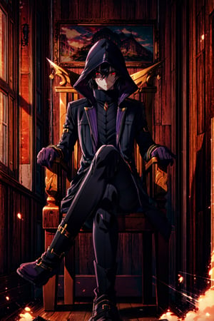 (masterpiece), high quality, highly detailed background, 1boy, solo, , ChopioKagenou, short hair, black hair, hair between eyes, hooded cloak, black coat, trench coat, black gloves, black pants, red eyes, glowing eyes, looking at viewer, indoors, throne, throne room, sitting, legs crossed, head rest, golden throne,