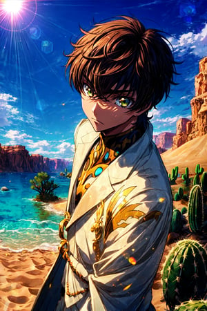 masterpiece, best quality, focus_on_face, 1boy, solo, suzaku_R2, upper body, standing, expressionless, looking at viewer, surrounded by heavy floating sand flow and floating sharp stones, detailed beautiful desert with cactus, extremely detailed eyes and face, depth of field, golden bracelet, lens flare,