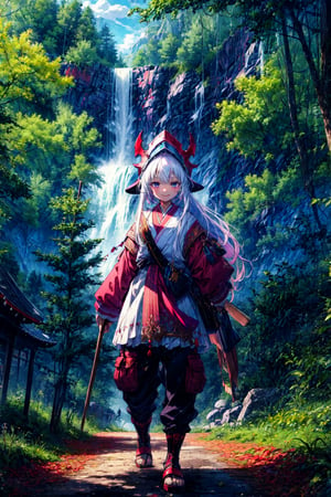 (by kame 3:0.6), (by kemokin mania:0.4), outdoors, forest, foliage, standing BREAK nanachi, narehate, white hair, horned helmet, headdress, pants, smile, looking at viewer