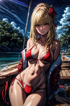 ((masterpiece, best quality, high quality, highres)):1.2, outdoors, beach bikini, red bikini, Rose, blonde hair, hair over shoulder,