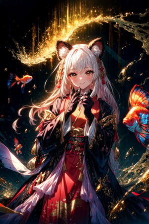 masterpiece,best quality,highres,cinematic lighting,dramatic angle,1girl, ,1girl,animal ears,japanese clothes,black open jacket,obi,smile,hand on own cheek,looking at viewer,black hair,brown eyes,bamboos,goldfish,dynatic pose,cowboy shot,KIND,gold-trimmed,magic,multicolored hair,white hair,frills,claws,elbow gloves,(open mouth:0.43),magic,feast,foods