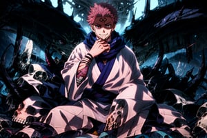 masterpiece,high quality,solo, , RyomenSukuna,1man, blue scarf,japanese clothes,white kimono,wide sleeves,long sleeves, obi, tabi,zouri, shaded face,evil grin, animal skull, skull,sitting,