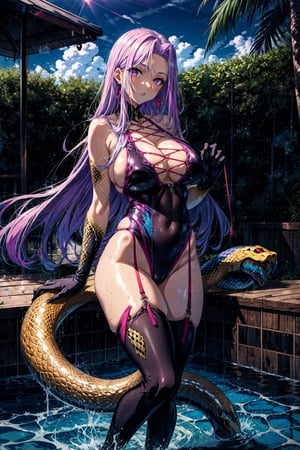 MedGorg, 1girl, solo, long hair, looking at viewer, thighhighs, gloves, navel, cleavage, bare shoulders, very long hair, purple eyes, purple hair, thighs, parted lips, huge breasts, monster girl, revealing clothes, black one-piece swimsuit, slingshot swimsuit, pool, poolside, holding ladder, climbing ladder, (snake hair), ((scales))