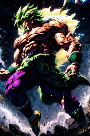 broly, legendary super saiyan, green hair, spiky hair, white eyes, muscular, tall, face scar, left arm scar, bicep scar, green fur pelt draped around the waist, black bracelets, tight purple pants