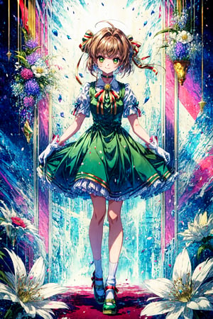 1girl, kinomoto sakura, dress, 1990s (style), full body, solo, holding, retro artstyle, puffy sleeves, gloves, short sleeves, white gloves, puffy short sleeves, striped, short hair, flower, ribbon trim, antenna hair, smile, wand, two side up, shoes, holding wand, standing, green eyes, looking at viewer, green footwear, ribbon, choker, bow, brown hair, green dress, bangs, closed mouth, magical girl, green bow, short twintails, yellow background, hair ornament, green ribbon, frills, vertical stripes, green choker, socks, white flower, striped dress, vertical-striped dress, ribbon choker, twintails, white dress, ribbon-trimmed sleeves, hair bow, star (symbol),<lora:Card Captor Sakura