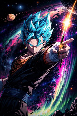 1boy, floating, solo, outer space, ((planet)), aurora on planet, sunlight, , energy ball, electricity, kamehameha,  vegetto, blue spiked hair, jewelry, earrings, gold hair, blue and orange dougi, (realistic), white glove, 