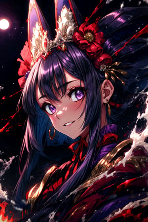 masterpiece,best quality,highres,cinematic lighting,dramatic angle,,1girl,animal ears,hair ornament,purple eyes,black hair,long hair,smile,parted lips,looking at viewer,japanese clothes,obi,wide sleeves,burning village,blood,hand on own cheek,red topwear,purple skirt,portrait,from below,moon,close-up