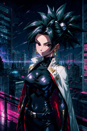 1girl, solo, masterpiece, best quality, Kefla, (black hair), black eyes, toned, green earrings, black bodysuit, hero costume, white cape, smug, looking at viewer, city, night, standing on edge of rooftop, urban