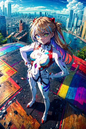 (masterpiece, best quality, detailed), 1girl, solo, from above, evil smile, full body, legs apart, hands on hips, fisheye, outdoors, souryuu asuka langley, interface headset, heterochromia, rainbow order, white bodysuit