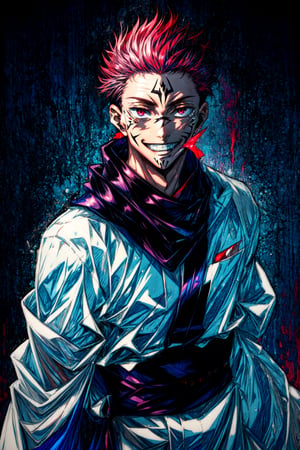 masterpiece, best quality, (simple background:1.1), solo, male focus, 1boy,Red hair, ryomen sukuna, facial tattoo, evil smile, looking at viewer, standing, extra eyes, white kimono, wide sleeves, black scarf