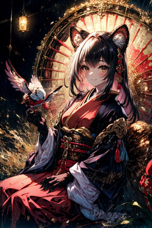 masterpiece,best quality,highres,cinematic lighting,dramatic angle,1girl, ,1girl,animal ears,japanese clothes,black open jacket,obi,smile,looking at viewer,brown eyes,holding stuffed toy,cowboy shot,sitting,multicolored hair,(black hair:white hair:0.86),frills,claws,black elbow gloves,(open mouth:0.43),happy