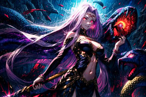 MedGorg, 1girl, bare shoulders, breasts, bustier, cleavage, clothing cutout, jewelry, large breasts, long hair, looking at viewer, medusa \(fate\), navel, purple eyes, purple hair, scales, smile, solo, very long hair, (glowing eyes:1.3), snake hair, snake tail, claws